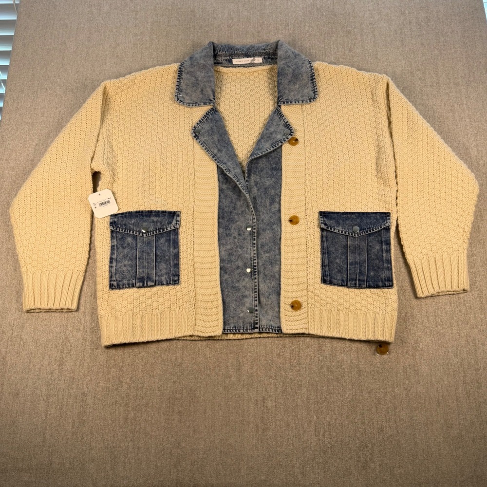 NWT Altar'd State Cardigan Sweater Women L Cream Denim Chunky Knit (MSRP $98.99)